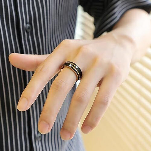 Men's 8mm Tungsten Black Gold Groove Line CZ Comfort-Fit Wedding Band